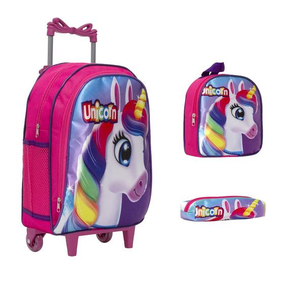 Imagem de Kit Mochila Infantil Rosa Unicórnio Rodinhas Aulas Passeio