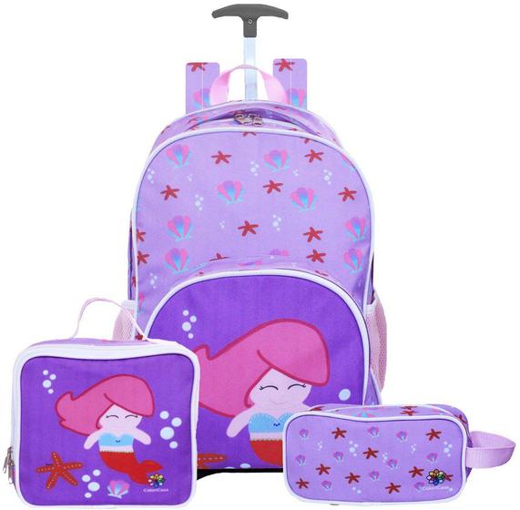 Imagem de Kit Mochila Infantil Sereia Tam G Meninas Escolar Rodinhas Lancheira Estojo