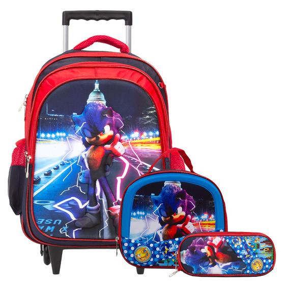 Imagem de Kit Mochila Infantil Sonic Rodinha 3D Masculina + Lancheira