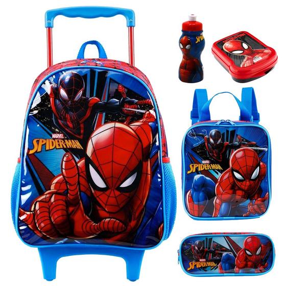 Imagem de Kit Mochila Infantil Spider Homem Aranha Rodinhas Tam G Escolar Reforçada Lancheira Térmica Estojo