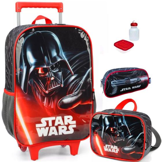 Imagem de Kit Mochila Infantil Star Wars Disney Rodinha Escolar Tam G Lancheira Estojo