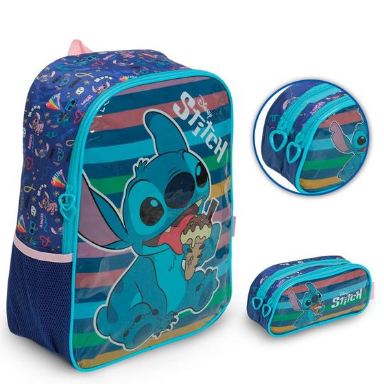 Imagem de Kit Mochila Infantil Stitch Bolsa Costas Resistente + Estojo