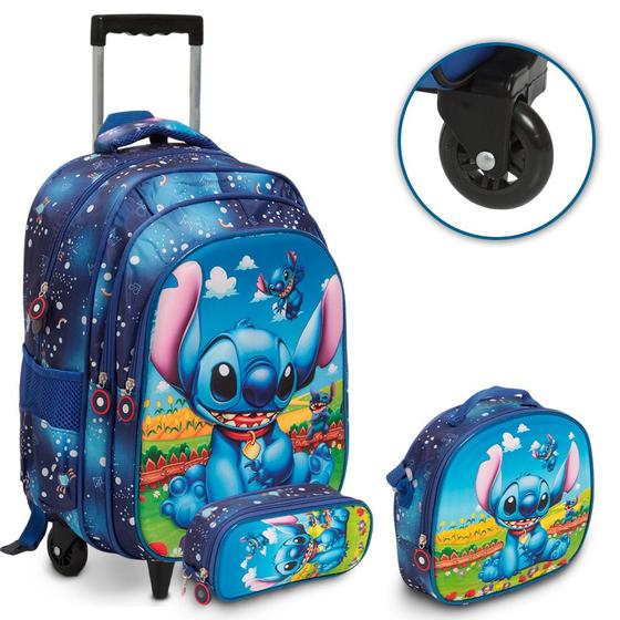 Imagem de Kit Mochila Infantil Stitch Carrinho + Lancheira Térmica