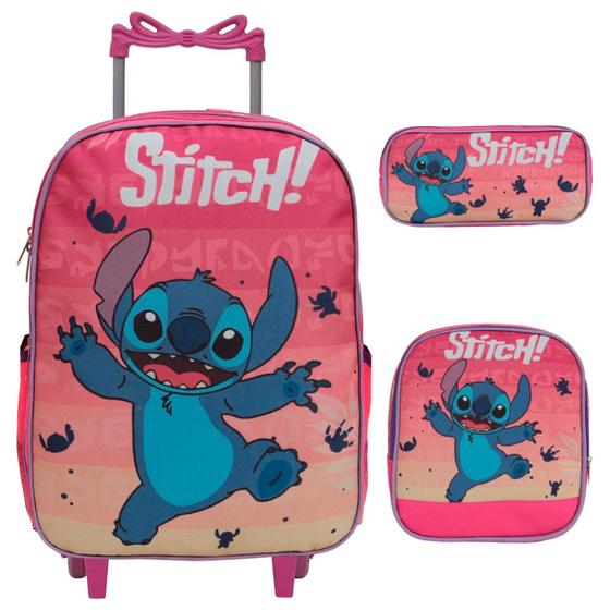 Imagem de Kit Mochila Infantil Stitch Rodinha Lancheira Estojo Menina