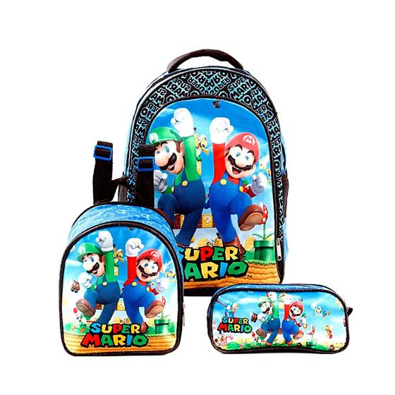 Kit Mochila Infantil Super Mario Bros + Lancheira Térmica + Estojo Menor preço em Kit Mochila Infantil Super Mario Bros + Lancheira Térmica + Estojo