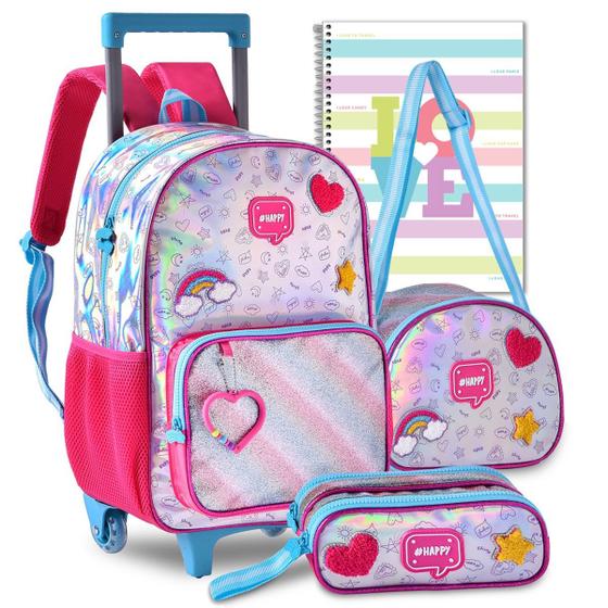 Imagem de Kit Mochila Infantil Unicórnio Holográfica Rodinhas Menina Escolar Lindo Reforçada Resistente 