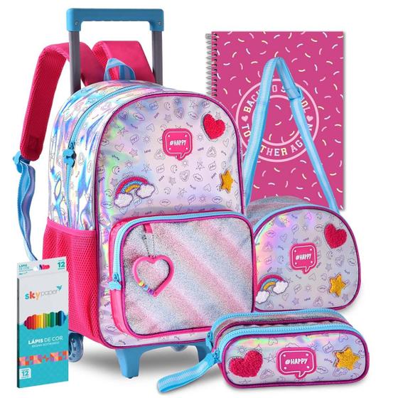 Imagem de Kit Mochila Infantil Unicórnio Holográfica Rodinhas Menina Escolar Lindo Reforçada Resistente 