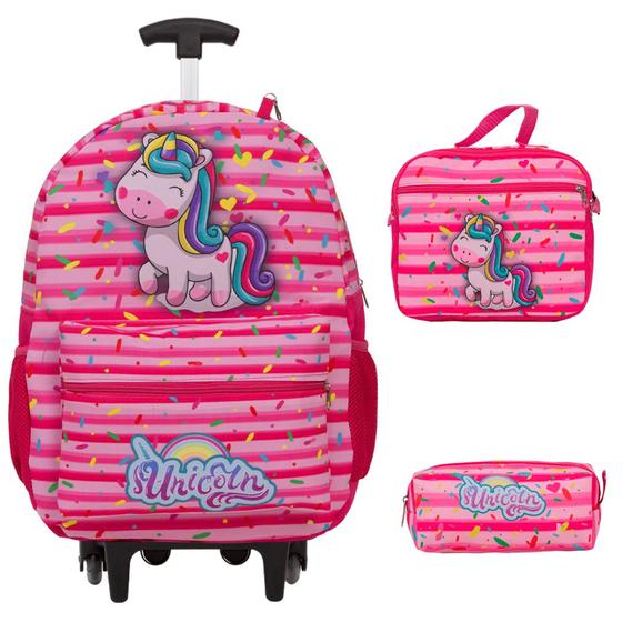 Imagem de Kit Mochila Infantil Unicórnio Rodinha Tam G Envio Imediato