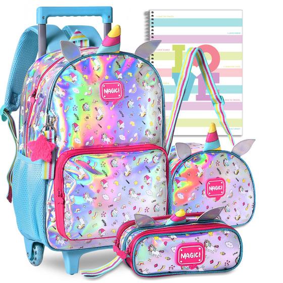 Imagem de Kit Mochila Infantil Unicórnio Rodinhas Menina Escolar Lindo Lancheira Estojo Holográfica