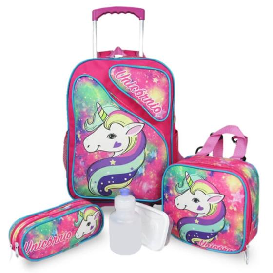 Kit Mochila Infantil Unicórnio Rosa Tam G Rodinhas Menor preço em Kit Mochila Infantil Unicórnio Rosa Tam G Rodinhas