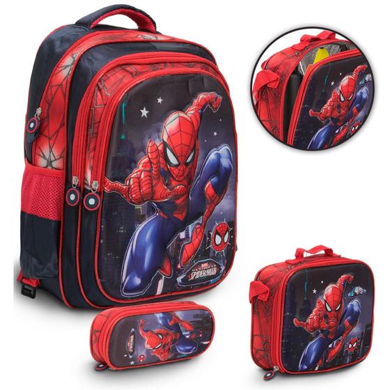 Imagem de Kit Mochila Infatil De Costa Spider Man 3d Lancheira Térmica