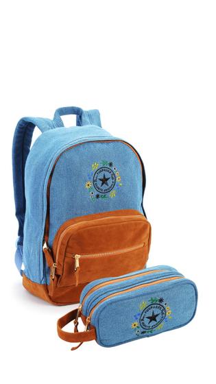 Imagem de Kit Mochila Jeans Costas Estojo Escolar Juvenil Bordado