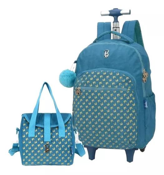 Imagem de Kit Mochila Juvenil Feminina Barbie Crinkle Rodinhas Alças G Azul