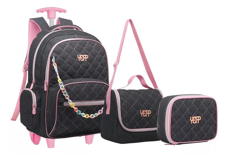 Imagem de Kit Mochila Juvenil Meninas Trolley Jeans Rodinhas Tam G