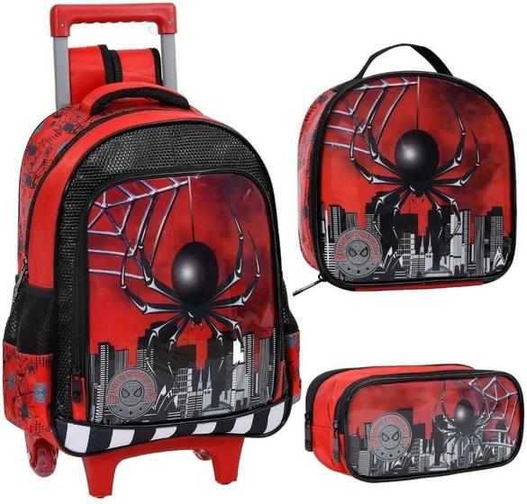 Imagem de Kit Mochila Lanchaira Estojo Infantil Rodinhas Spider Dark