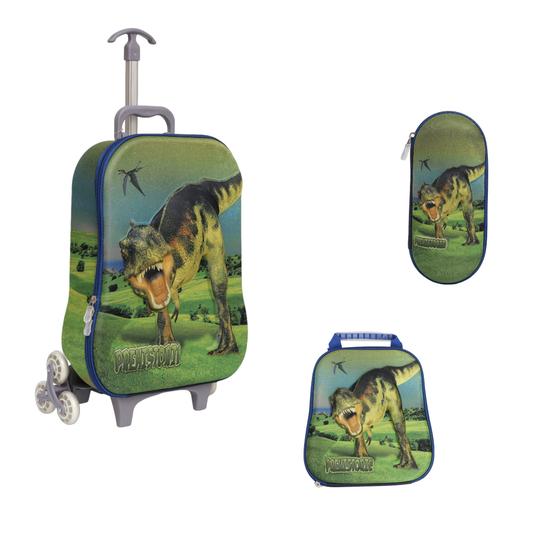 Imagem de Kit Mochila Lancheira Estojo 3d Com 3 Rodinhas Dinossauro