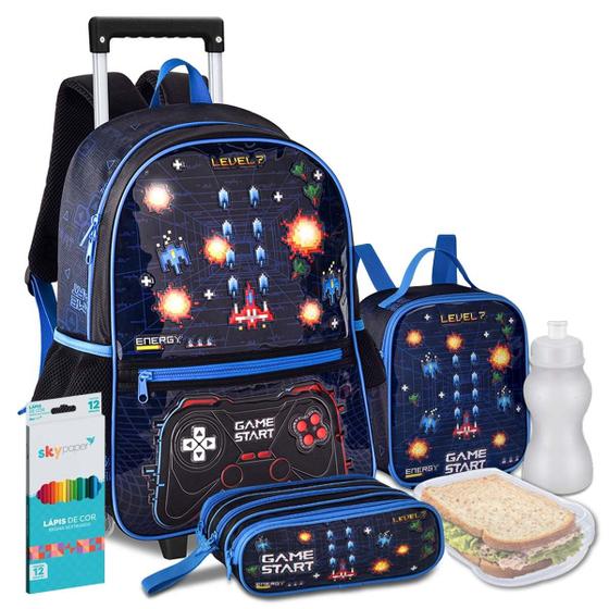 Imagem de Kit Mochila Lancheira Estojo Gamer Video Game Reforçada Resistente com Luzes Pisca Carrinho Rodinha