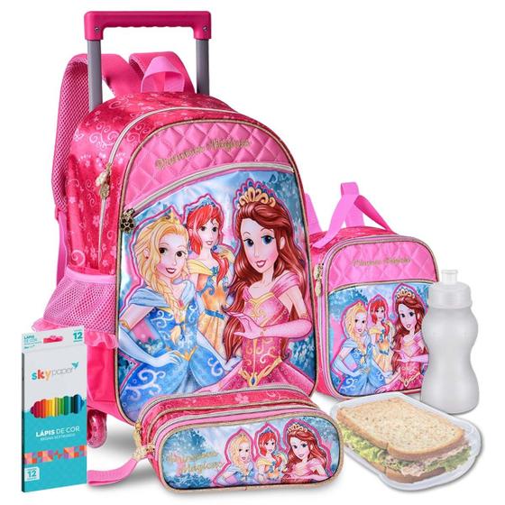 Imagem de  Kit Mochila Lancheira Estojo Infantil Princesas Feminina Escolar Carrinho Rodinhas