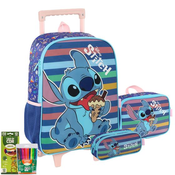 Imagem de Kit Mochila Lancheira Estojo Infantil Stitch Oficial Disney