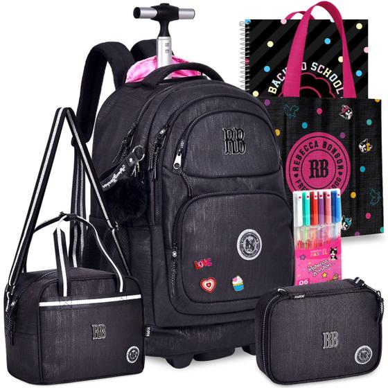 Kit Mochila Lancheira Estojo RB Rebecca Bonbon Carrinho Rodinha Preto Preta Escolar Juvenil Menor preço em Kit Mochila Lancheira Estojo RB Rebecca Bonbon Carrinho Rodinha Preto Preta Escolar Juvenil