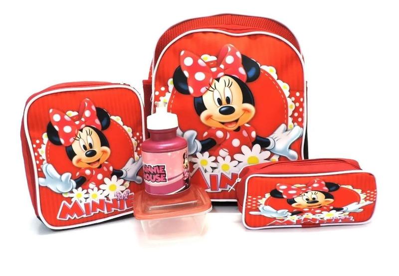 Imagem de Kit Mochila Minnie Mouse Flores Tam M Costas Lancheira F5