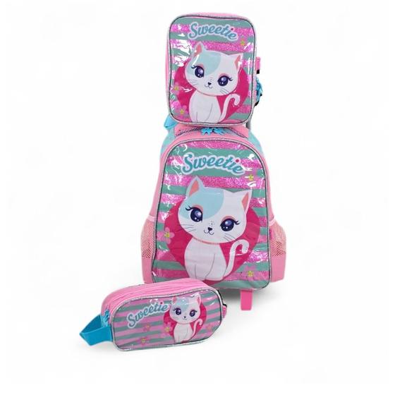 Imagem de Kit mochila mochilete creche maternal infantil rodinha escolar lancheira termica estojo gatinha marie cat sweetie 