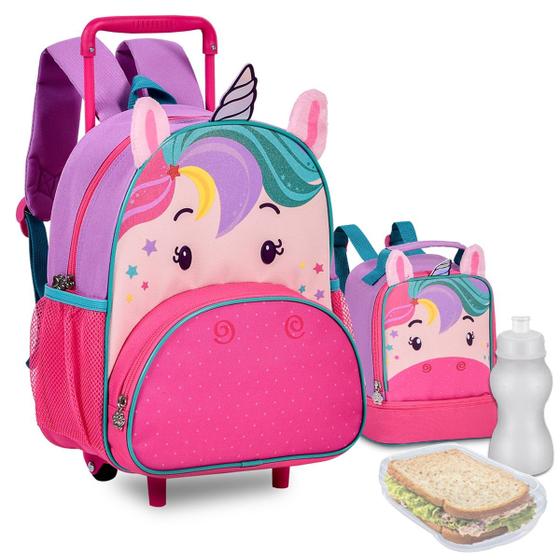 Imagem de Kit Mochila Pets Infantil Feminina Carrinho Animais de Rodinhas Zoo Bichinhos