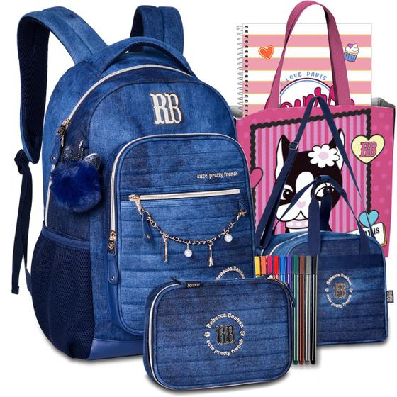 Imagem de Kit Mochila RB Jeans Rebecca Bonbon Escolar Feminina Lancheira Estojo