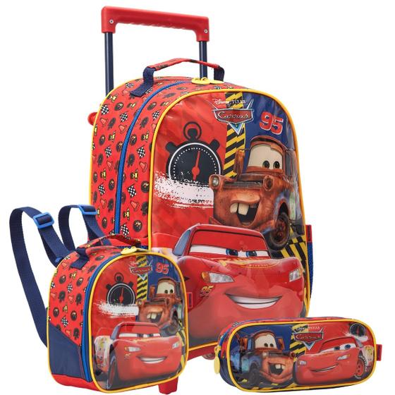 Imagem de Kit Mochila Rodas 16" Carros Lancheira Estojo Escolar