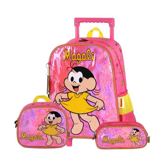 Imagem de Kit Mochila Rodas Holográfico Mônica Magali Lancheira Estojo