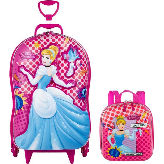 Imagem de Kit Mochila Rodas Princesa Cinderela Lancheira Escolar 3D