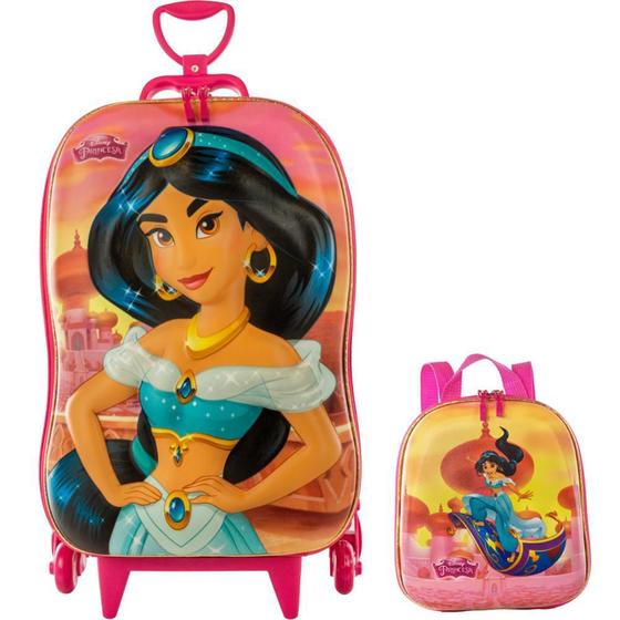 Imagem de Kit Mochila Rodas Princesa Jasmine Lancheira Escolar 3D