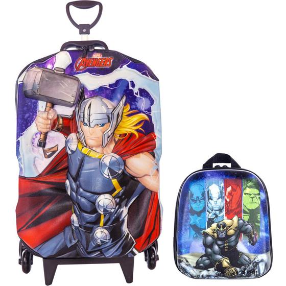 Imagem de Kit Mochila Rodas Thor Marvel Lancheira Avengers Escolar 3D