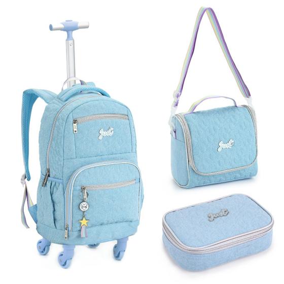 Kit Mochila Rodinha 360º Juvenil Escolar Feminino Passeio Denlex Menor preço em Kit Mochila Rodinha 360º Juvenil Escolar Feminino Passeio Denlex