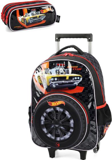 Imagem de Kit Mochila Rodinha Auto Relevo Preta + Estojo Hot Wheels Infantil Original Licenciado