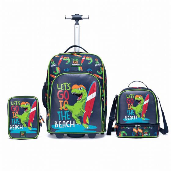 Imagem de Kit Mochila Rodinha Dino Masculina Menino Infantil Escolar Lancheira Térmica Estojo 