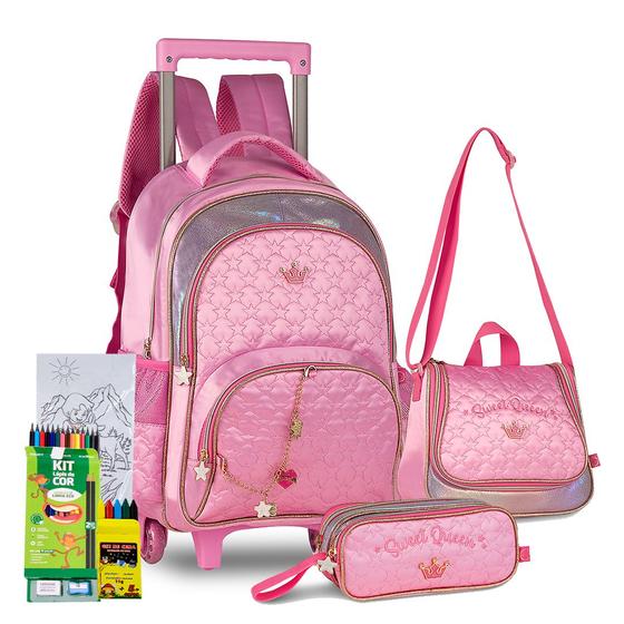 Imagem de Kit Mochila Rodinha Escola Estojo Lancheira Escolar Infantil Sweet Queen Princesa Glitter Sereia