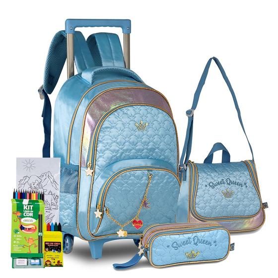 Imagem de Kit Mochila Rodinha Escola Estojo Lancheira Escolar Infantil Sweet Queen Sereia Glitter Princesa