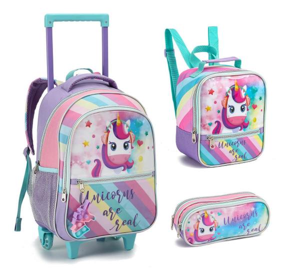 Kit Mochila Rodinha escolar Infantil Unicórnio Com Lancheira Térmica e Estojo Menor preço em Kit Mochila Rodinha escolar Infantil Unicórnio Com Lancheira Térmica e Estojo
