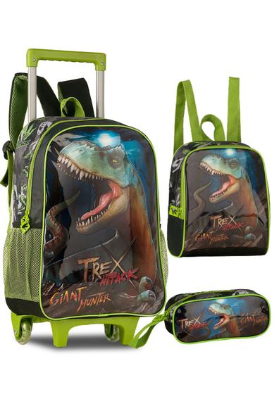 Imagem de Kit Mochila Rodinha Escolar T-rex Attack Lancheira Estojo