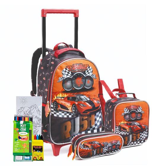 Kit Mochila Rodinha Estojo Lancheira Carros De Corrida Meninos Infantil Escolar Carrinhos Lançamento Menor preço em Kit Mochila Rodinha Estojo Lancheira Carros De Corrida Meninos Infantil Escolar Carrinhos Lançamento