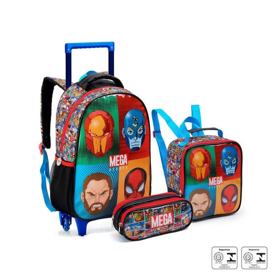 Imagem de Kit Mochila Rodinha Estojo Lancheira Infantil Mega Heróis