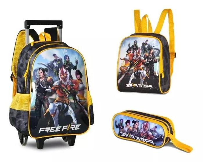 Imagem de Kit Mochila Rodinha Free Fire Estojo Lancheira Preto/amarelo