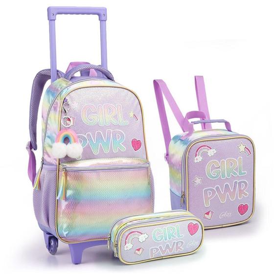 Imagem de Kit Mochila Rodinha Infantil Escolar Menina Girl Power Com Chaveiro - Seanite