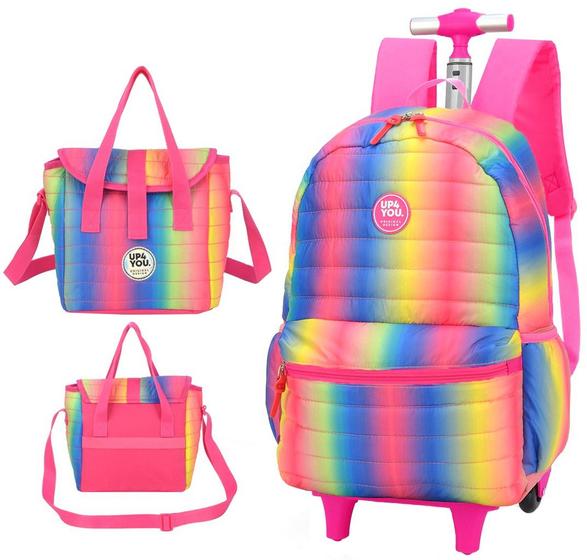 Imagem de Kit Mochila Rodinha Infantil Feminina Menina Colorido Metalizado Impermeável + Lancheira Térmica Luxcel