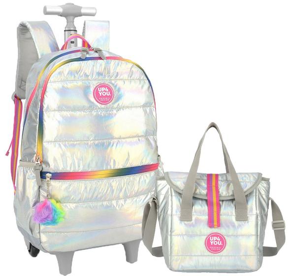 Imagem de Kit Mochila Rodinha Infantil Feminina Menina Colorido Metalizado Impermeável + Lancheira Térmica Luxcel