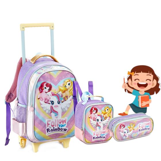 Imagem de Kit Mochila Rodinha Infantil Feminino Grande Menina C/ Alça