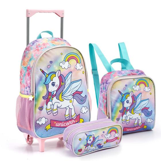 Imagem de Kit Mochila Rodinha Infantil Menina Unicornio Colorido Fofa