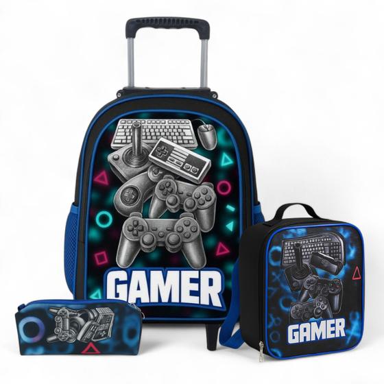 Imagem de Kit Mochila Rodinha Infantil Menino Escolar + Lancheira Térmica + Estojo - Gamer
