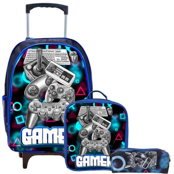 Imagem de Kit Mochila Rodinha Infantil Menino Escolar  + Lancheira Térmica + Estojo - Gamer